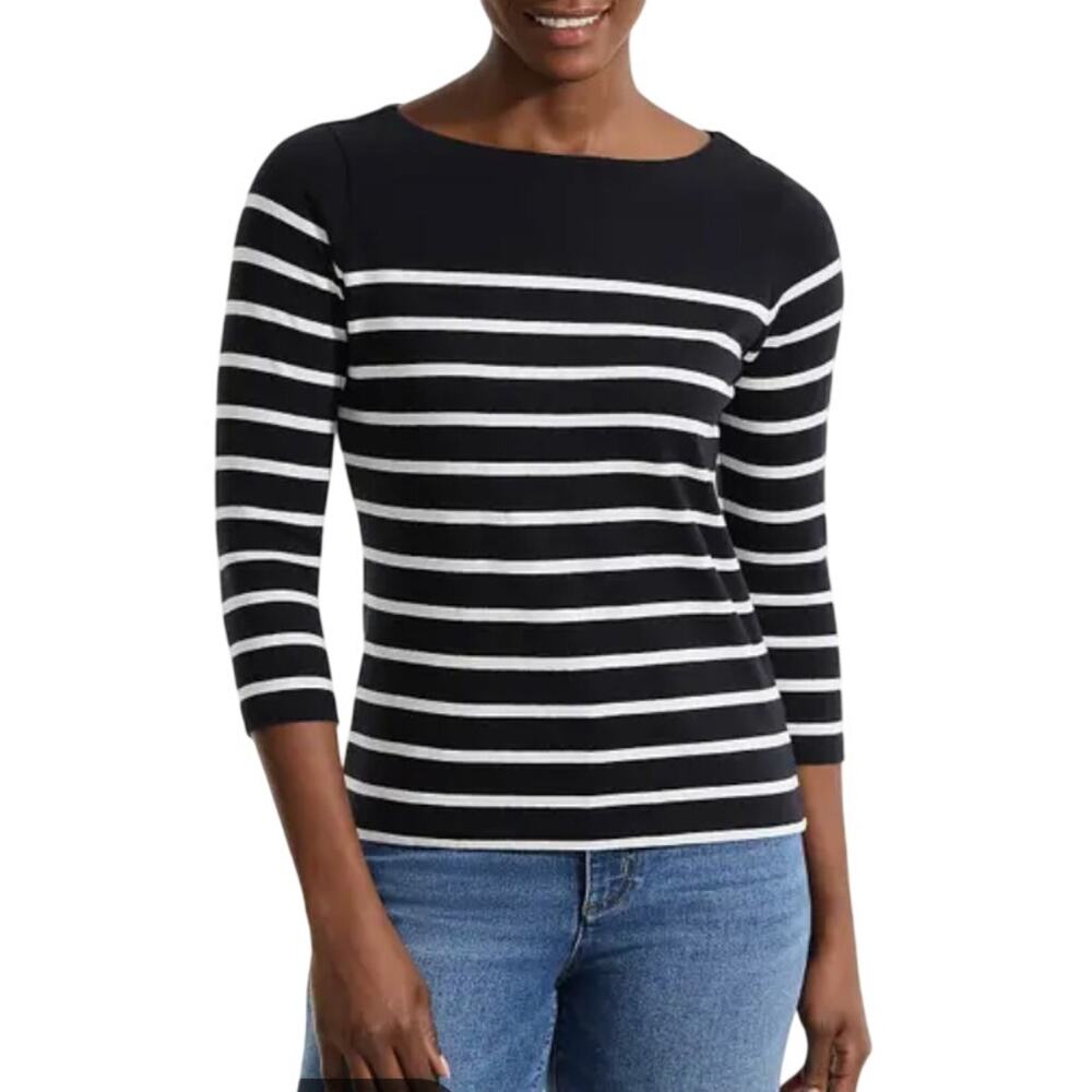 Old Navy Women's XSmall Black White Boat Neck Striped Long Sleeve Cotton Top